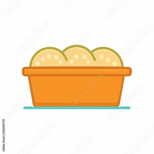Cartoon loaf of bread in an orange bread pan on a blue surface