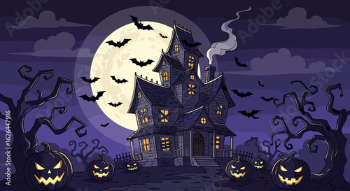Spooky Haunted Mansion Bat Filled Full Moon Halloween Night