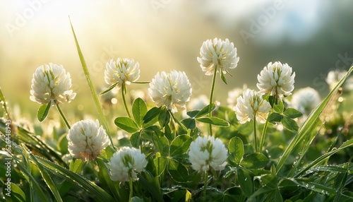 ethereal splendor of ivory clover blossoms nestled amidst glistening blades of morning dew epitomizes a tranquil tableau with their dainty petals and serene emergence of a new day