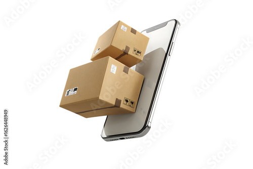 Cardboard boxes on smartphone screen. E commerce, online shopping, delivery concept.