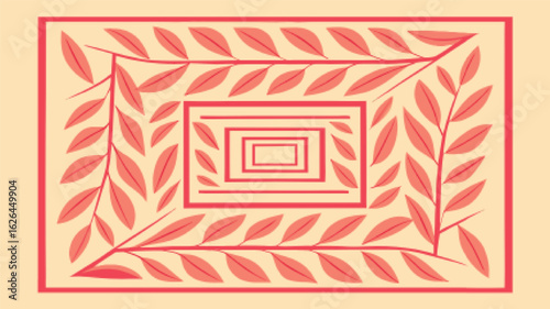 Coral leaves framing nested rectangles abstract branches