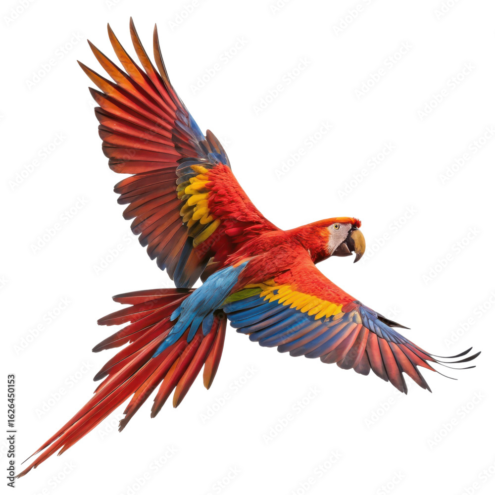 Fototapeta premium Vibrant scarlet macaw parrot in mid flight isolated on transparent background