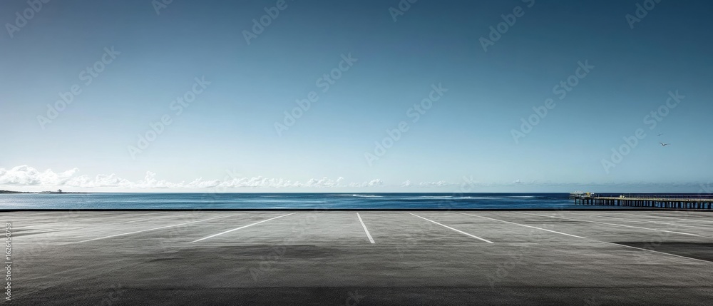 Obraz premium Scenic view of empty oceanfront parking lot under clear blue sky with overlooking ocean