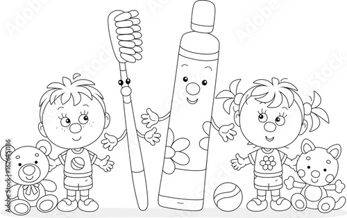 Happy little kids with toys and funny toothbrush with toothpaste for teeth cleaning, black and white outline vector cartoon illustration for a coloring book