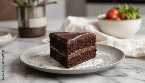 Rich dark chocolate cake slice served on a minimalist white plate in modern kitchen setting with fresh ingredients, potted plant, and fruit bowl in background.