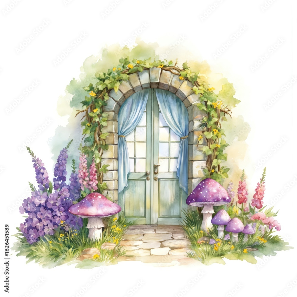 Fototapeta premium Enchanting garden scene with stone archway, blue curtain, wooden bridge. Purple mushroom, flowers, green doors, white wall backdrop. Whimsical, dreamy, fantasy landscape with nature, beauty, romance,