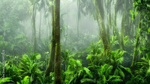 Morning light illuminates a lush, green forest floor, its leaves and grass glistening with fresh dew