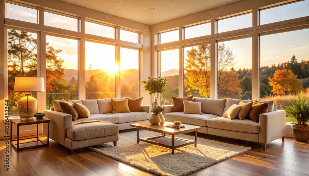 Fototapeta premium Modern Living Room With Large Windows And Sunset View