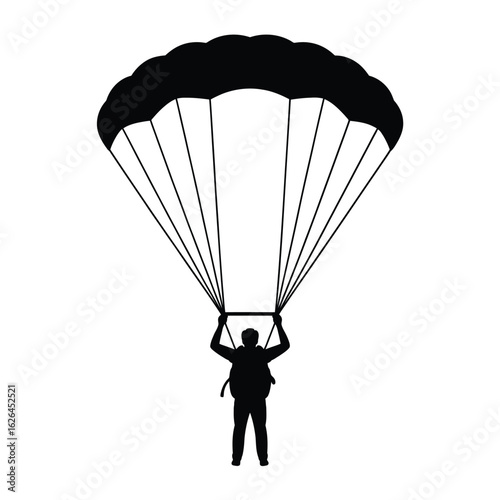 Silhouette of a skydiver descending with a fully deployed parachute against a white background