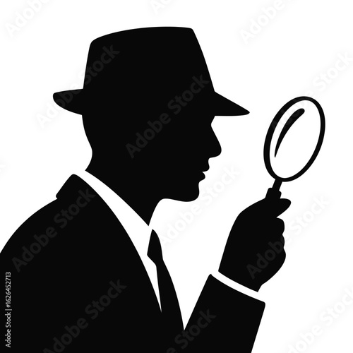 Silhouette of a detective in a fedora hat examining with a magnifying glass