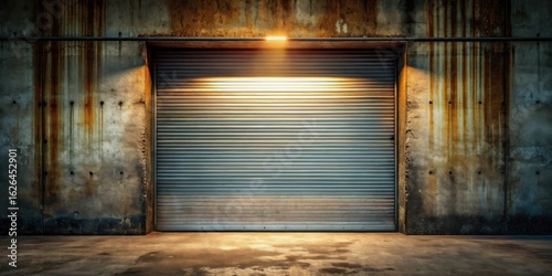 Illuminated Metal Roll-Up Door in a Weathered Concrete Structure at Night
