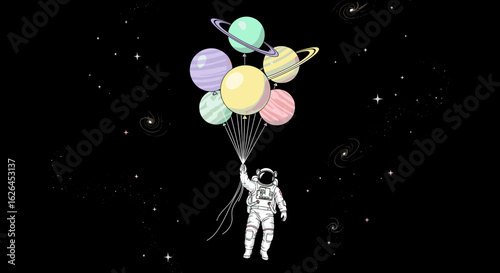 Astronaut floats through starry expanse with colorful planet balloons