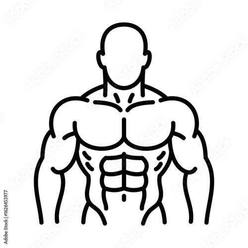 A man with a muscular physique is depicted in a black and white drawing. Editable Stroke.