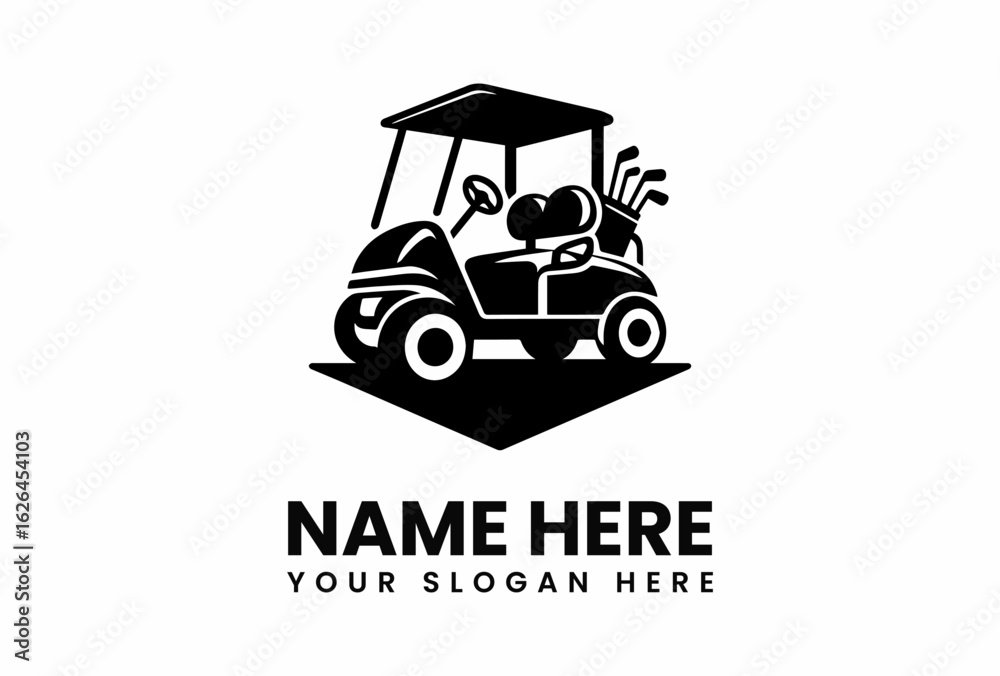 Obraz premium Black and white golf cart logo with clubs and steering wheel.