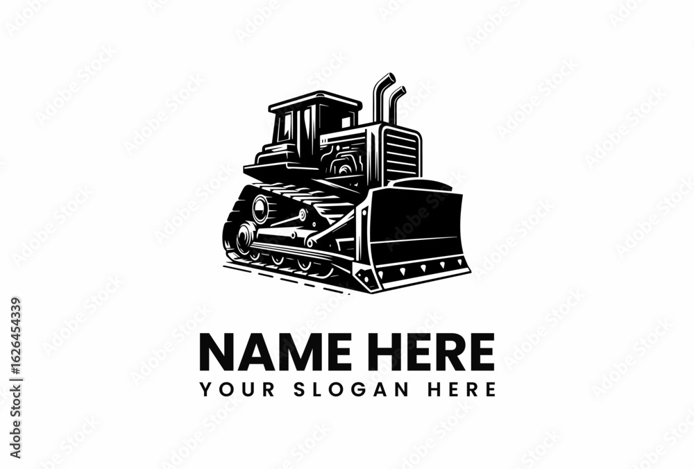 Fototapeta premium Bold Black and White Bulldozer Illustration with Detailed Tracks and Exhaust Pipes.