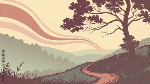 Illustration of a winding path leading up a grassy hill with a large tree and colorful sky waves above