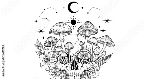 Mystical Skull Adorned with Mushrooms Moon and Stars