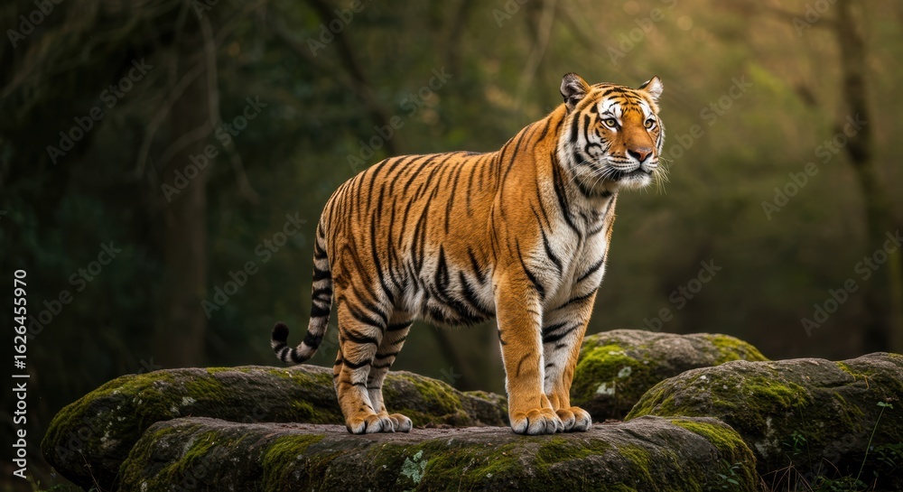 Obraz premium Majestic tiger standing on mossy rocks in a natural forest environment the epitome of wild feline beauty