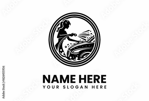 Elegant Woman Washing Car Logo Design in Black and White.