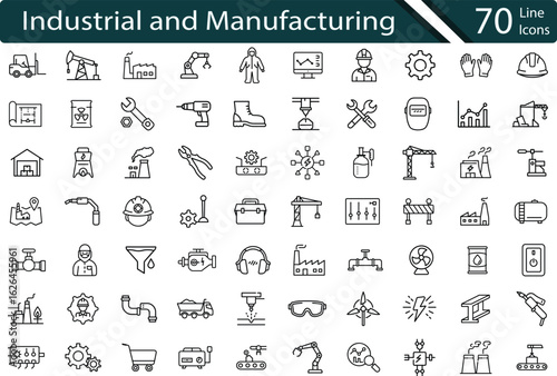 Comprehensive Industrial Manufacturing and Factory Equipment Icon Set.