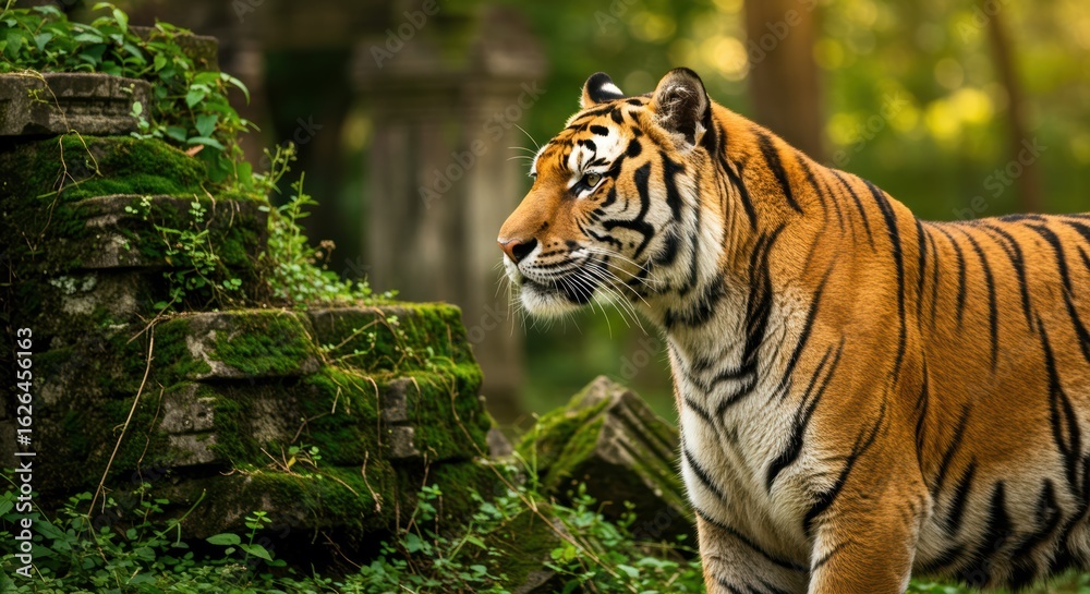Obraz premium Majestic tiger prowls near verdant ruins in its natural habitat showcasing its power and beauty in a lush landscape