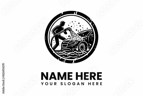 Monochrome Car Wash Logo Person Power Washing Vehicle.