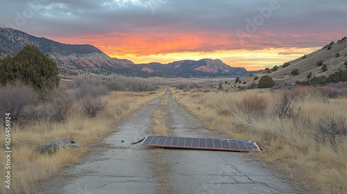 Empty road, solar panel, sunset, mountains