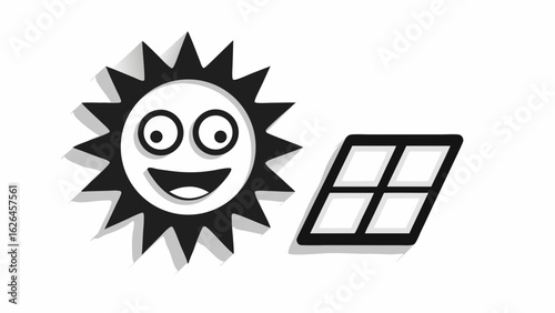 Cartoon sun with a smiling face next to a window pane with a shadow on a white background