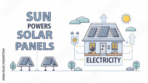 Illustration showing a house with solar panels generating electricity from the sun and solar panels