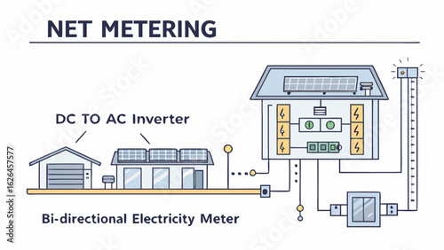 Illustration of net metering system with dc to ac inverter and bi directional electricity meter shown in detail