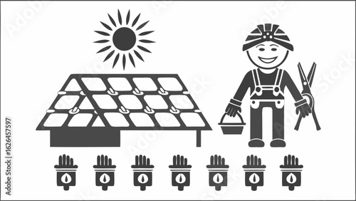 Illustration of a solar panel installation with a worker, sun, and multiple solar inverters