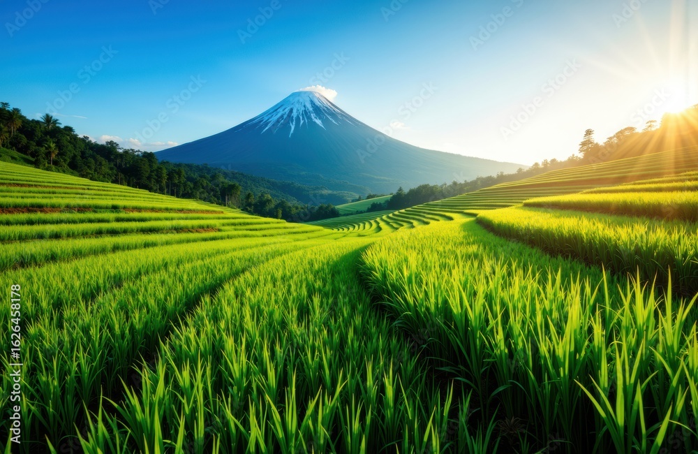 Fototapeta premium Lush green rice fields with Mount Fuji in the background during sunrise