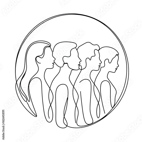 Abstract continuous line drawing of diverse people in profile within a circle