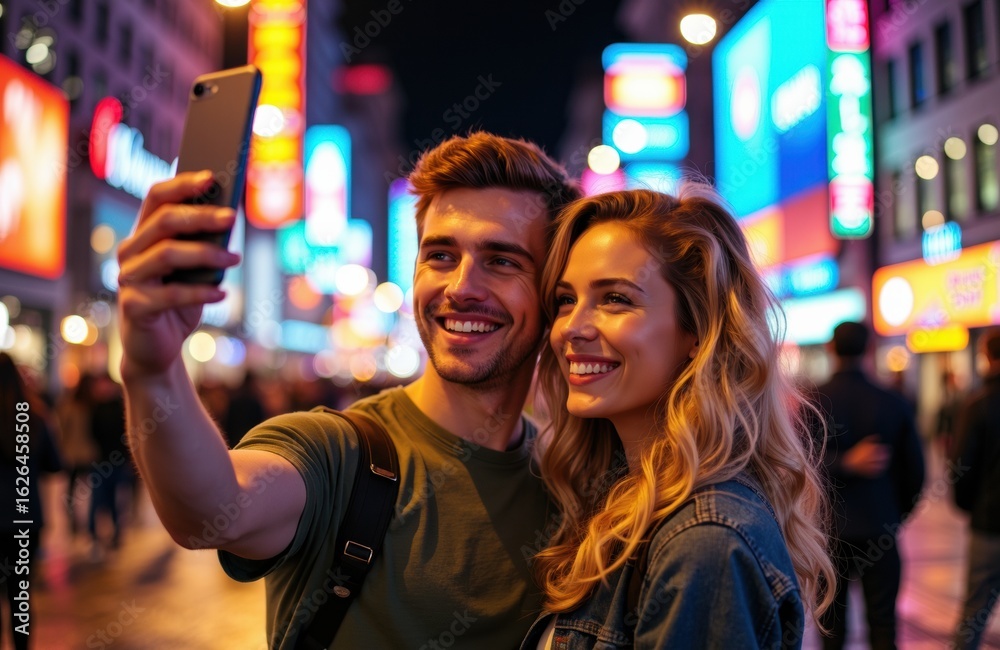 Obraz premium Woman and man taking a selfie in a vibrant city at night with colorful neon lights
