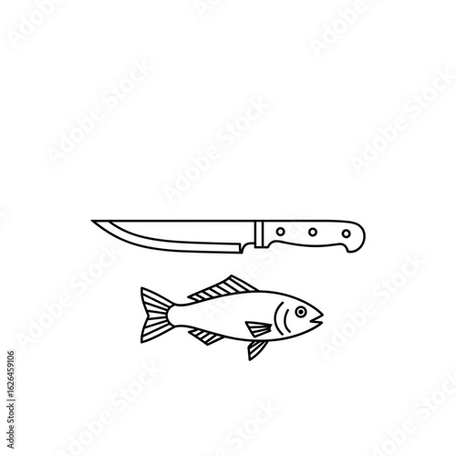 Fish and knife illustration in minimalist style isolated on transparent background