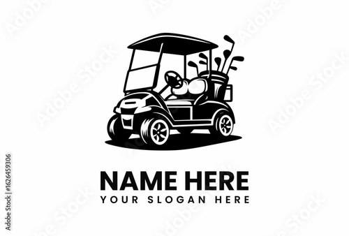 Stylized Golf Cart with Clubs Black and White Vector Illustration.
