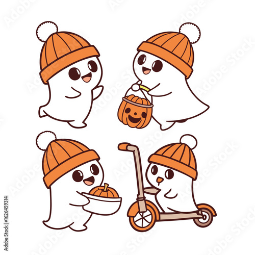 Four cute cartoon ghosts wearing orange beanies in halloween activities