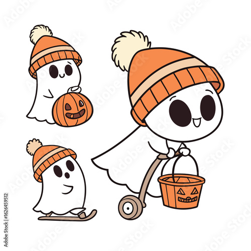 Cute halloween ghosts in orange beanies with pumpkins and candy buckets