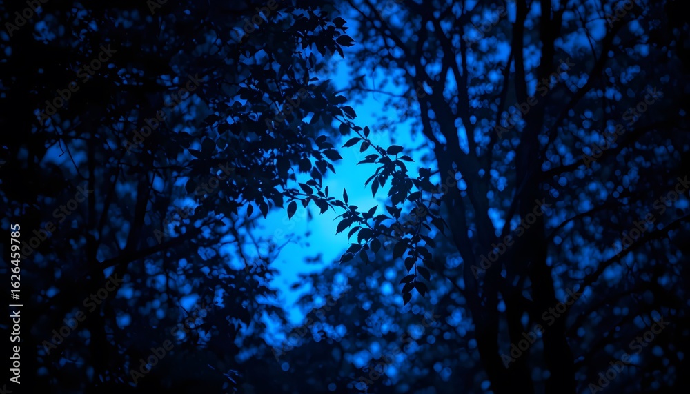 Fototapeta premium Mysterious blue light shines through dark forest trees at night