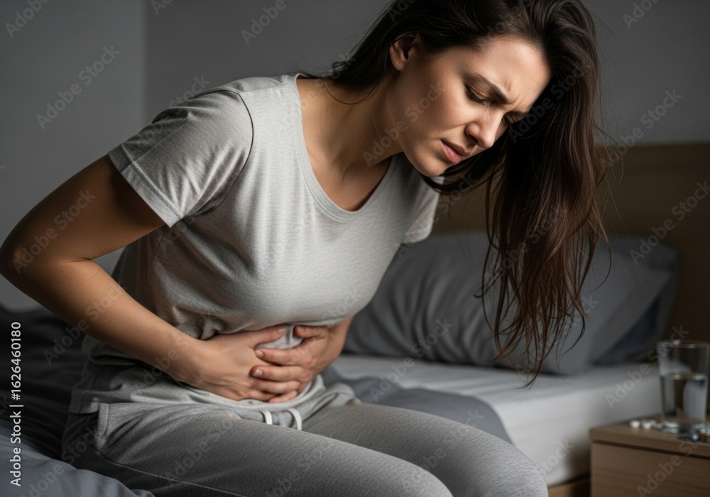 Fototapeta premium A young brunette woman sitting on her bed in the morning, clutching her stomach due to severe abdominal pain, menstrual cramps or indigestion.