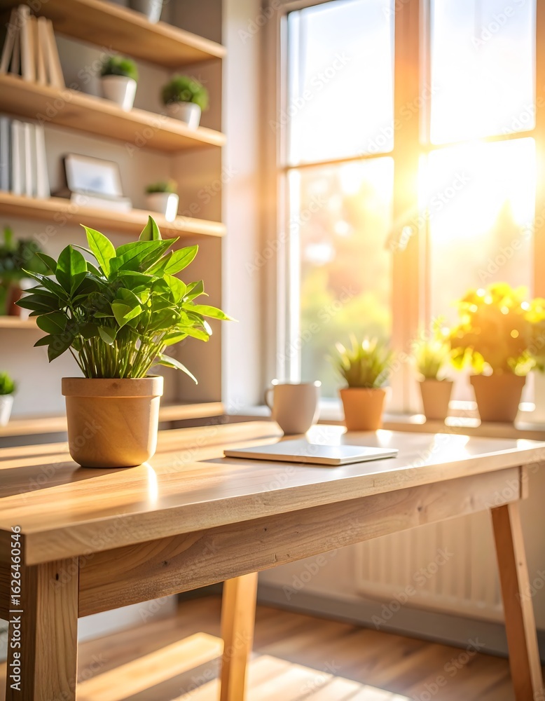 Fototapeta premium Bright Sunlight Illuminates Home Office Desk with Potted Plant and Window View