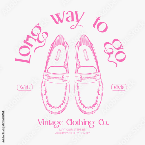 long way to go slogan tee. Shoes print design for vector. Shoes t shirt design. retro vintage hand drawn Shoes styles. classic screen print.