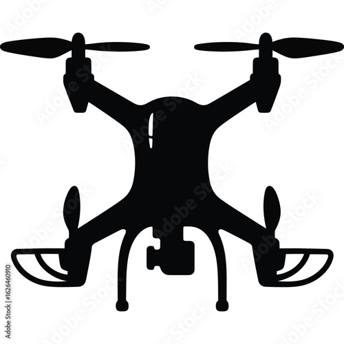 A silhouette of a drone with four propellers and landing gear against a white background in a simple style