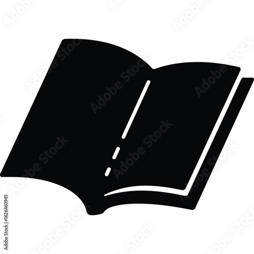 A simple black and white graphic illustration of an open book with visible pages and central binding silhouetteA simple black and white graphic illustration of an open book with visible pages and cent