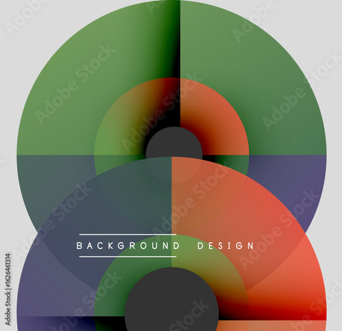 Abstract colorful design. Overlapping circles create dynamic visual effect. Modern geometric composition, gradients present.