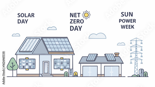 Illustration of houses with solar panels and electric pylon for solar day net zero day and sun power week