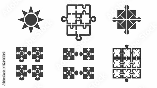 Illustration of six geometric shapes including a sun and various puzzle piece configurations