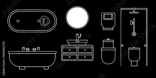 Bathroom furniture. Architectural icons set of  Bath, shell, toilet, urinal, shower. Outline icons. Simple plan collection, for design interior and architectural project