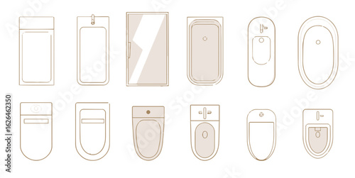 Bathroom furniture. Architectural icons set of  Baths, toilets, urinals, showers. Outline icons. Simple plan collection, for design interior and architectural project