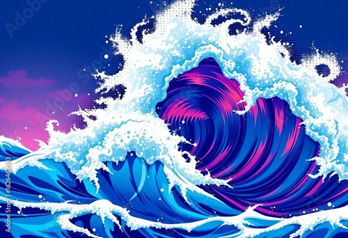 Stylized anime wave crests, vibrant colors, dynamic motion, ocean spray,  trough,  tide
